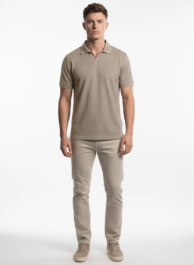Clans&Hans Men Beige Textured Short Sleeve Polo